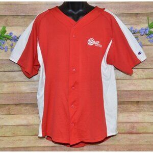 Champion Men's Red Button Front Baseball Jersey Size XL V-Neck Bullseye Racing